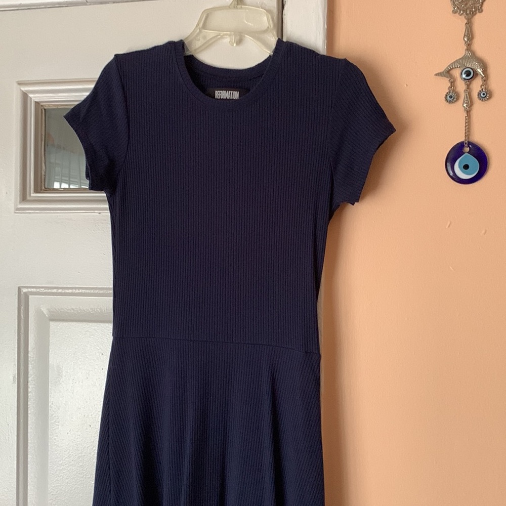 Reformation Ribbed Navy Midi Dress - Size Small